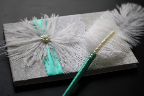Wedding - Mint White Wedding Guestbook and Pen Set with Ostrich Feather  Mint Wedding Guestbook  Signin Journal  Wishes book  Blank Paper Journal