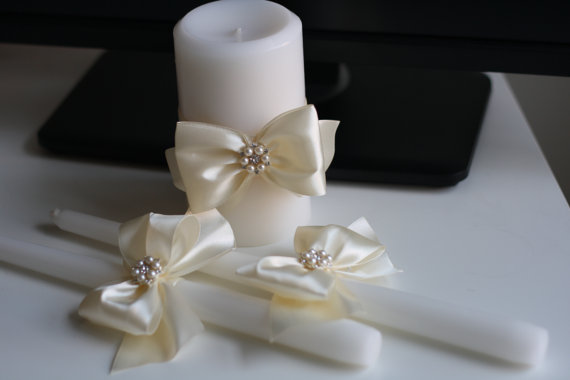 Mariage - Brooch Unity Candles, Wedding Candle, Handmade Bow Unity Candle, Flower Decor Candle, Ivory Candles with Ribbon Bow and Brooch