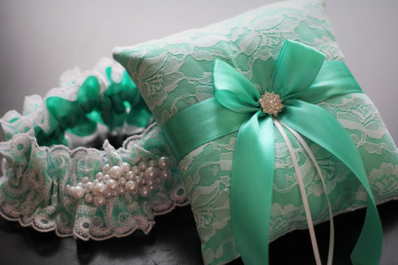 Hochzeit - Mint Bearer Pillow and Bridal Garter Set  Mint Bridal Garter With Pearls and White Lace  Mint Wedding Pillow   White Lace and Brooch