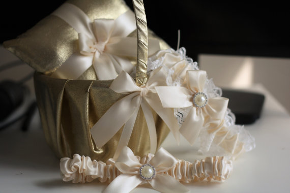 Hochzeit - Gold Wedding Bearer Pillow   Flower Girl Basket   2 Bridal Garters Set  Gold Ivory Wedding Basket   Ring Pillow, Ivory Lace Wedding Garters