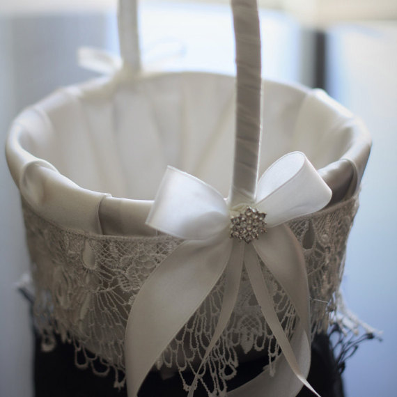Wedding - Off-White Color Petals Basket  White Lace Flower Girl Basket  Brooch Basket  Sheby Shik Wedding Basket  Off White Bridal Accessories