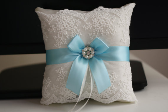 Hochzeit - Sky Blue Wedding Basket and Pillow Set  Light Blue Ring Pillow and Flower Girl Basket  Ivory Lace Blue Ring Holder and Wedding Basket Set