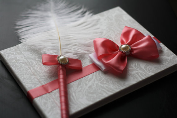 Hochzeit - Dark Pink Sign in Book with Ostrich Feather Pen  coral guest book and pen / salmon color wedding album / coral bridal memory journal