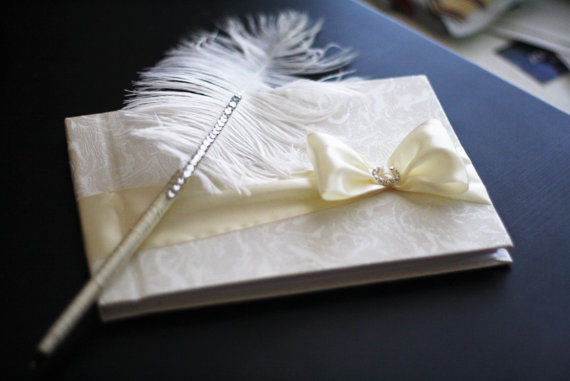 Свадьба - Wedding Guest Book with Pen  Custom Made in Champagne Ivory with Handmade Bow  Brooch Accent  Ivory Ostrich Feather Pen  Rhinestone Pen