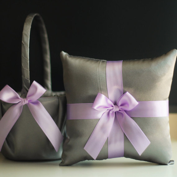 Wedding - Gray Violet Flower Girl Basket and Ring Bearer Pillow Wedding Set  Gray Light Purple Wedding Basket   Ring Holder  Lilac Wedding Pillow