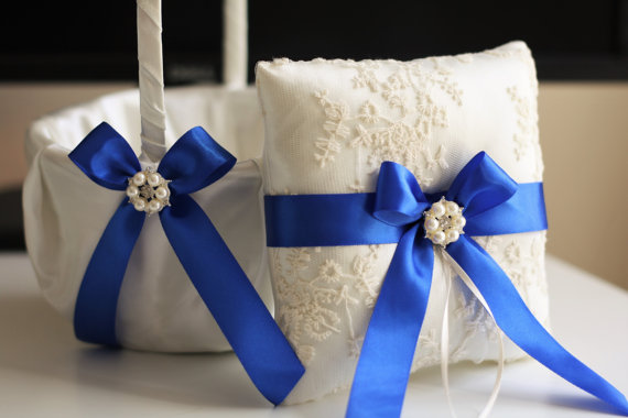 Hochzeit - Royal Blue Ring Bearer Pillow and Wedding Basket Set  Blue Wedding Ring Pillow and Flower Girl Basket  Ivory Blue Lace Pillow Basket Set