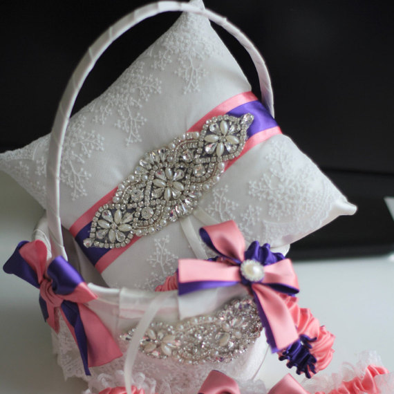 Hochzeit - Wedding Flower girl basket and ring bearer pillow set Coral and Purple with rhinestones   wedding Bridal sash belt   Coral Bridal Garter Set