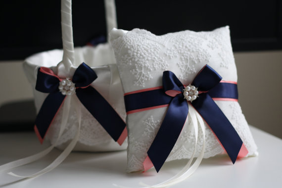 Wedding - Coral and Navy Wedding Basket   Ring Bearer Pillow Set  Navy Blue and Coral Lace Wedding Pillow   Flower Girl Basket Set  Lace Ring Pillow