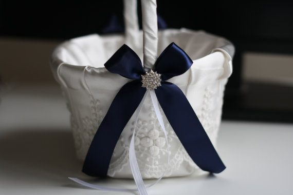 Hochzeit - Navy Blue Wedding Basket with Lace  Navy Flower Girl Basket  Ivory Ring Bearer Pillow  Basket Set  Navy Petals Basket and Ring Holder