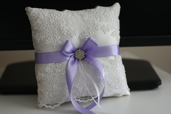 Wedding - Violet Ring Bearer Pillow  Violet Ivory Wedding Pillow   Flower Girl Basket Set, Light Purple Bearer Pillow   Wedding Basket