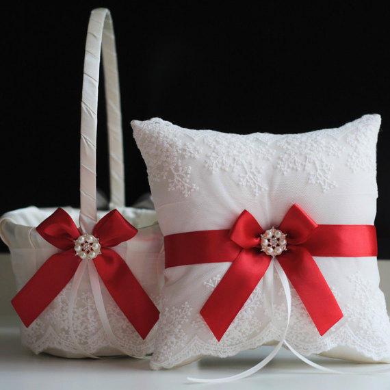 Wedding - Red Wedding Flower Girl Basket   Ring Bearer Pillow  Lace Wedding Ring Holder   Petals Wedding Basket Set with Red Bows