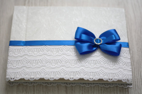 Mariage - Lace Blue White Wedding Guest Sign In Book  Baby Shower Memory Book  It's a Boy Book  Reception Journal  Blank Empty Pages Guest Book