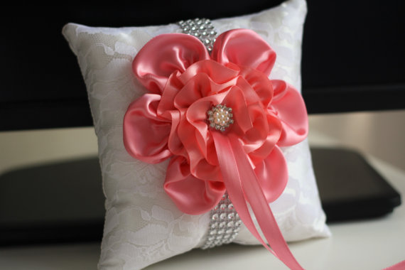 Wedding - Coral Ring Bearer Pillow  Ivory Coral Wedding Pillow   Flower Girl Basket Set  Lace Wedding Ring Pillow   Coral Wedding Basket Set