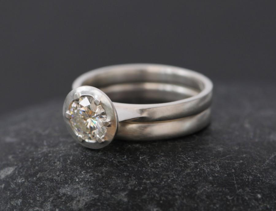 زفاف - Moissanite Wedding Set - Moissanite Engagement Ring in Silver - Moissanite Solitaire Ring - Contemporary Engagement Ring - Made to Order