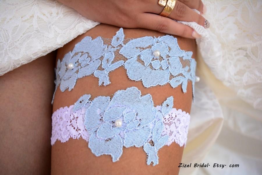 Hochzeit - Pale Blue Garter, Wedding Garter Blue, Light Blue Garter, Lace Wedding Garter, Bridal Garter, Something Blue, White Wedding Gift, Handmade