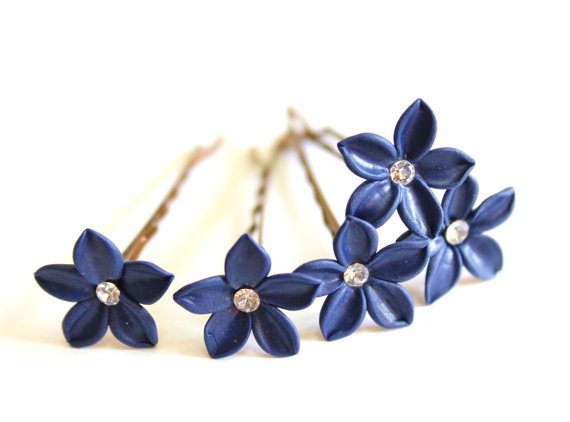 زفاف - Deep Blue Flower,Bridal Hair Pins, Stephanotis Hair Pins With Swarovski crystals,Perfect For Bride,Bridesmaids,Blue Bridesmaid Jewelry - Set