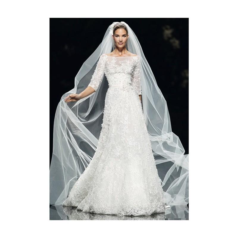 زفاف - Elie Saab - Spring 2013 - Folie Floral Organza and Lace A-Line Wedding Dress with 3/4 Sleeves - Stunning Cheap Wedding Dresses