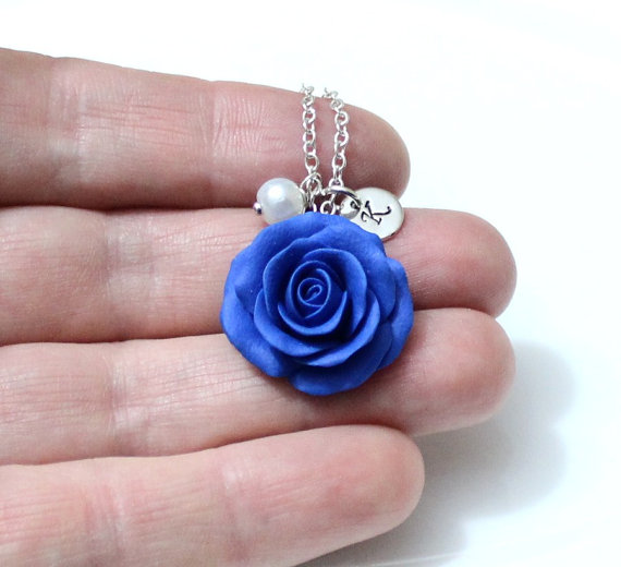 Wedding - Blue Rose Necklace, Blue Pendant, Personalized Initial Disc Necklace, Rose Charm, Bridesmaid Necklace, Blue Bridesmaid Jewelry