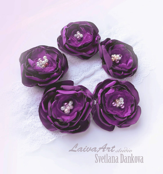 Mariage - Wedding Fabric Flowers Hair Pin Plum Violet Lavender Eggplant Purple Bridal Flowers Set of 6