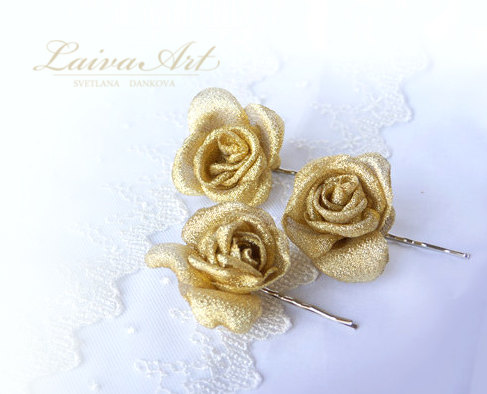 Mariage - Wedding Fabric Flower Hair Pin Bridal Accessories Gold Ivory