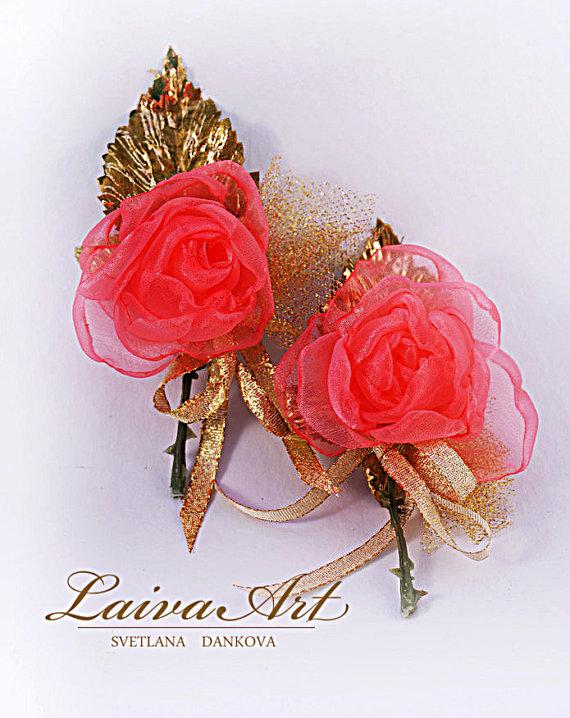 Свадьба - Wedding Boutonniere Coral and Gold Flower Boutonniere Groom Boutonniere Keepsake Boutonniere