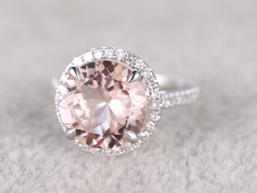 زفاف - 9mm Morganite Engagement ring White/Rose gold,Diamond wedding band,14k,Round Cut,Gemstone Promise Bridal Ring,Claw Prongs,Pave Set,Handmade
