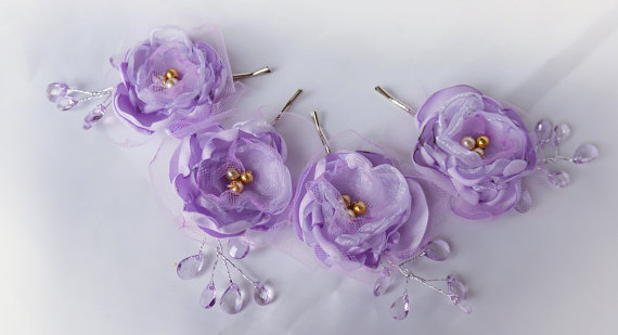 Hochzeit - Wedding Fabric Flower Hair Pin Bridal Accessories Lilac Purple Lavender