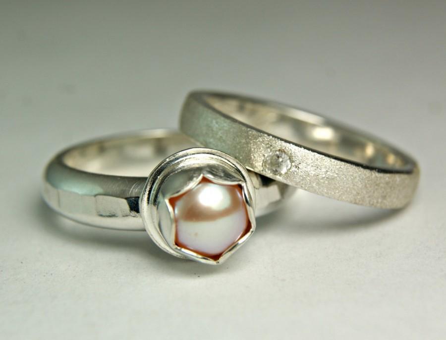 Wedding - Pink Pearl Ring, Hammered Band, Pearl Wedding Set, Bridal Jewelry, Sterling Silver Hand Forged Ring