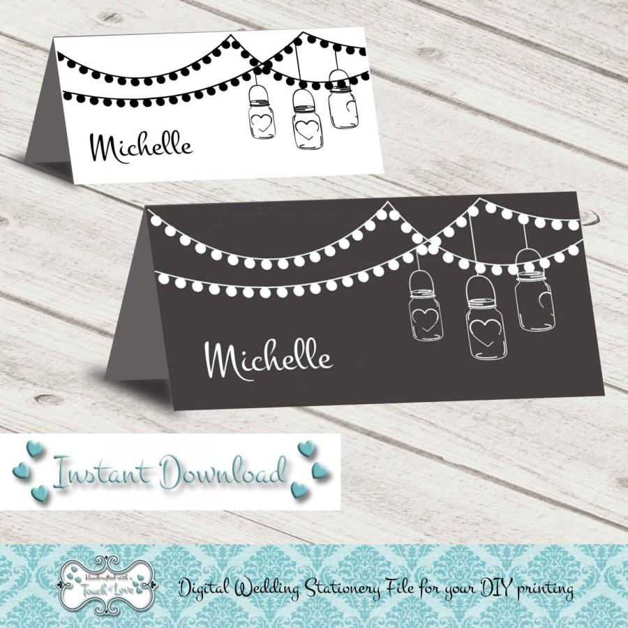 زفاف - Digital DIY Editable Wedding Place Card, Printable, Microsoft Word File, Mason Jars Chalkboard Instant Download
