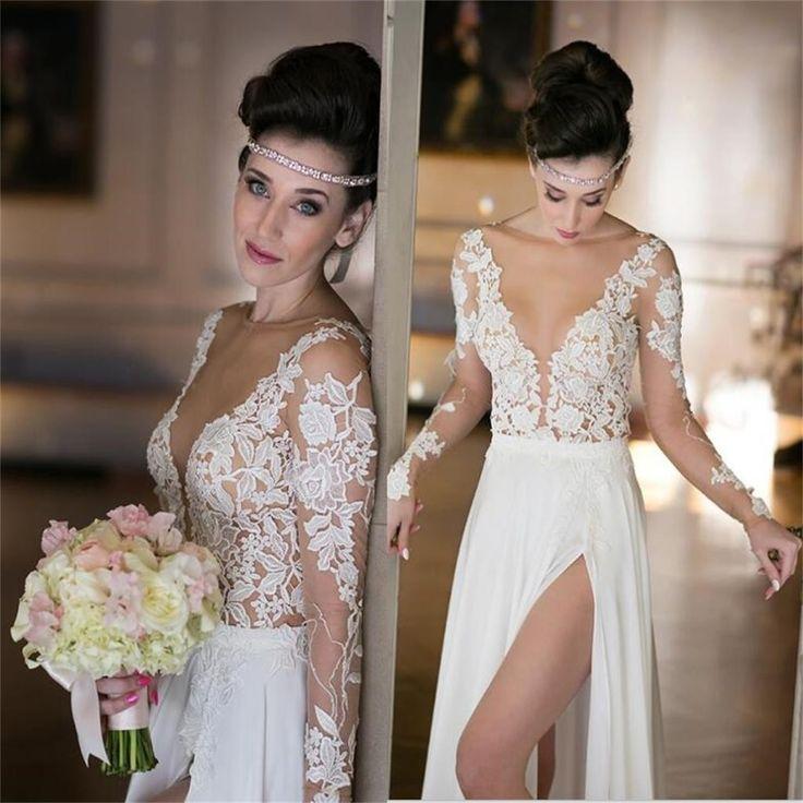 زفاف - Deep V-Neck Long Sleeve Summer Beach Chiffon Simple Side Slit Most Popular Wedding Dress , PD0229