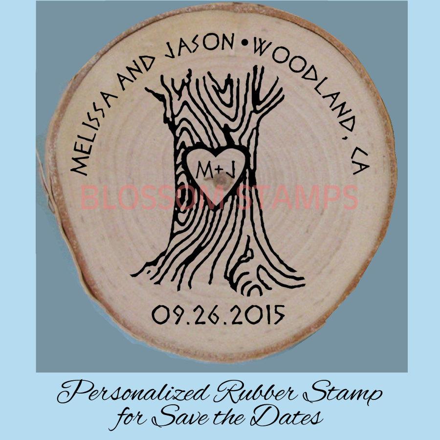 زفاف - Custom Wedding Save the Date rubber stamp // Tree with Heart Wood Slice Stamp // Rustic Weddings Stamp//by Blossom Stamps