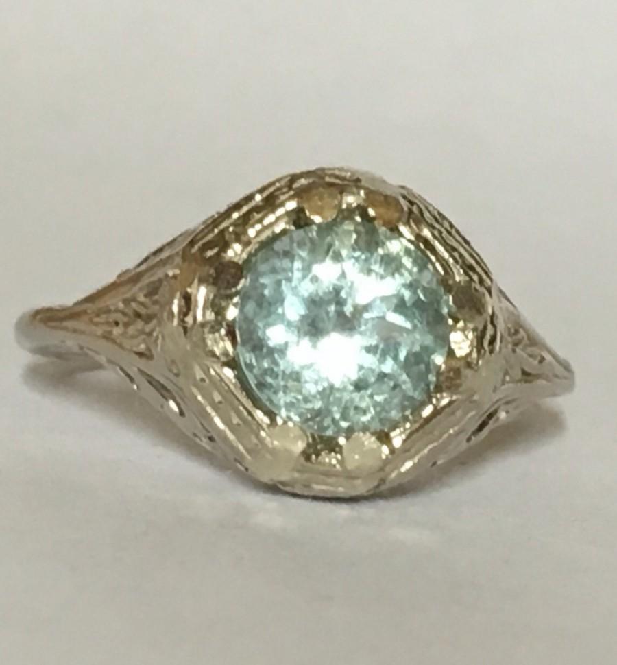 Wedding - Vintage Aquamarine Ring with 10k White Gold Filigree Setting. 1+ Carat. Unique Engagement Ring. March Birthstone. 19th Anniversary Gift.