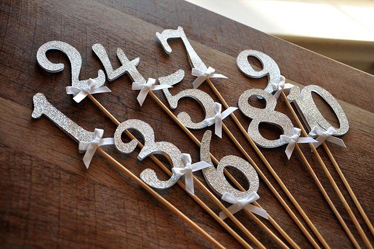 Wedding - Table Numbers on Sticks in Glitter Silver. Silver Wedding Decor. Ships in 2-5 Business Days.  Glitter Silver Number Centerpiece.