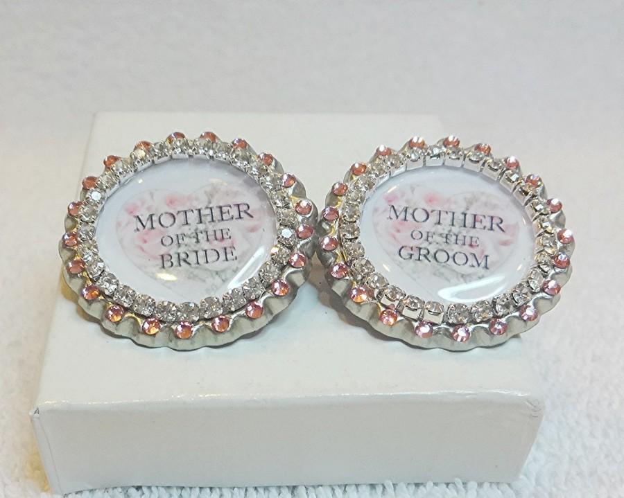 زفاف - Mother of the Bride AND Mother of the Groom Pins, Wedding Gifts for TWO Moms, Mom Wedding Purse Pin, Swarovski Light Rose Pink Rhinestones