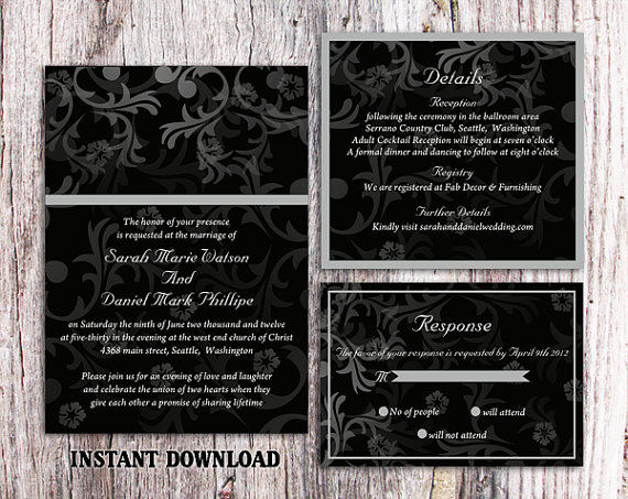 Свадьба - DIY Wedding Invitation Template Set Editable Word File Instant Download Printable Invitation Black Wedding Invitation Elegant Invitation