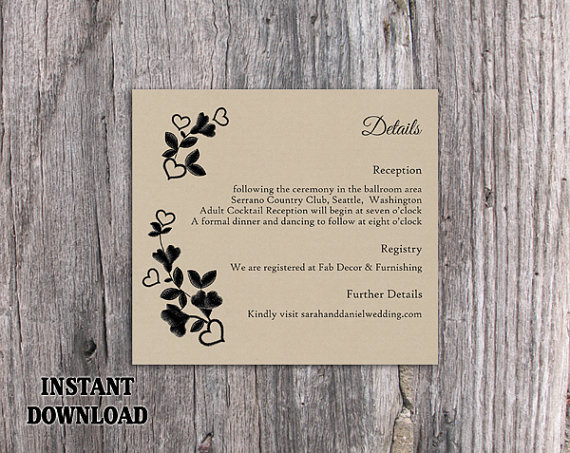 Wedding - DIY Lace Wedding Details Card Template Editable Word File Download Printable Burlap Vintage Black Details Card Floral Rustic Enclosure Card