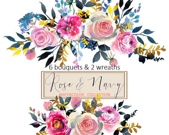 Mariage - Watercolor Flowers Digital Clipart PNG Bouquets Peonies Roses Floral Wedding Clip Art Set Coral Red Purple Indigo Invitation Logo Boarder