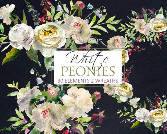 زفاف - White Peony Flowersl Watercolor Clipart PNG Digital Files White Yellow Roses Peonies Floral Winter Wedding Clip Art Set Free Commercial Use