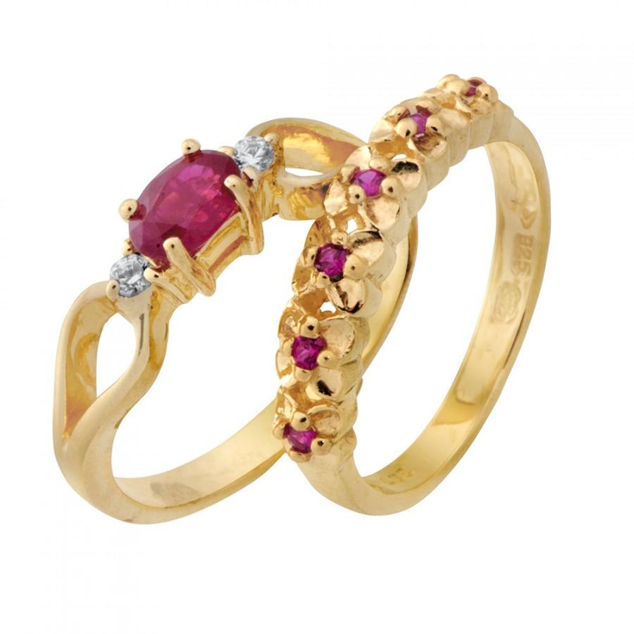 زفاف - Ruby and diamonds Engagement & wedding rings set, Art Deco Engagement and Wedding Rings Sets, 18k Engagement and Weddings Set, Free Shipping
