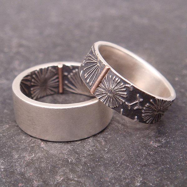 Hochzeit - Wedding Band Set - Sterling Silver Rings with 14k Rose Gold Tab - Opposites Attract Dandelion Pattern - Handmade in Seattle