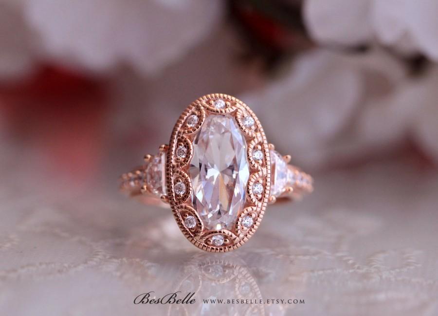 Hochzeit - 5.0 ct.tw Rose Gold Art Deco Ring-Engagement Ring-Oval Cut Diamond Simulant-Bridal Ring-Anniversary Ring-Solid Sterling Silver [8819RG]