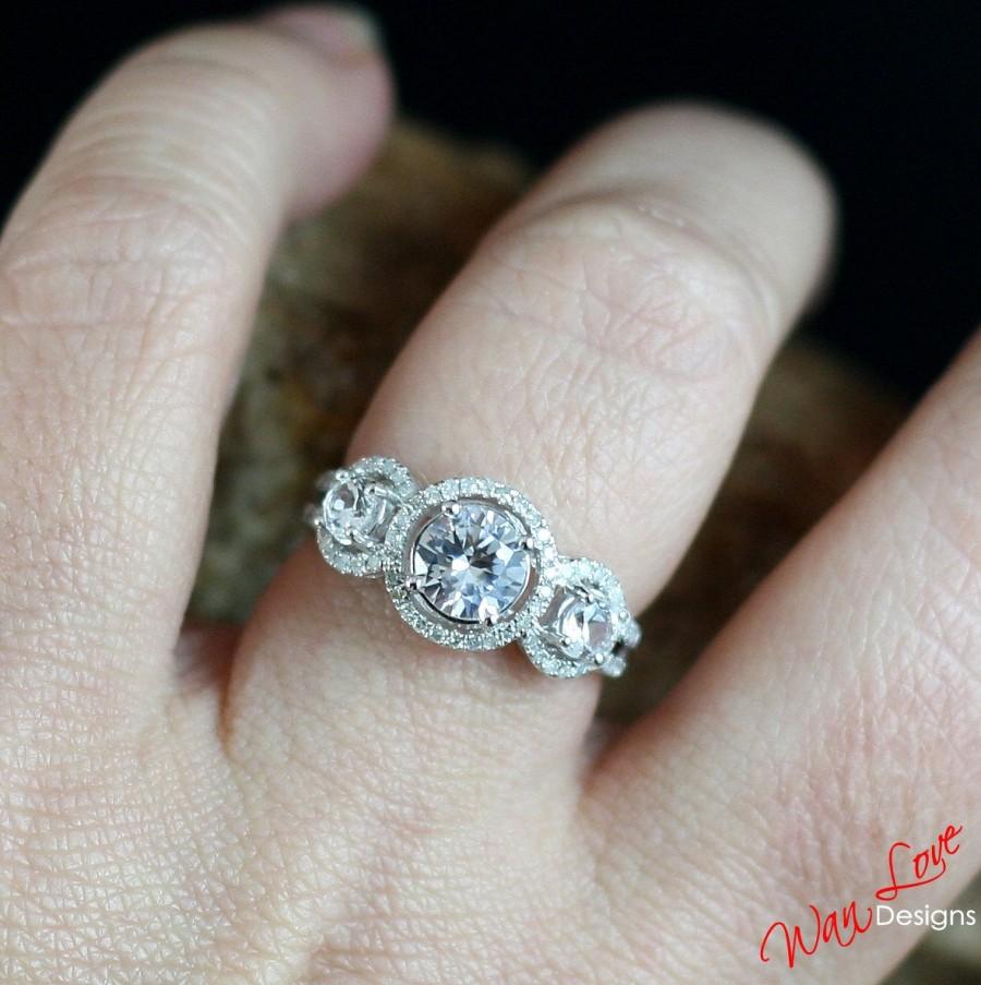 Hochzeit - Forever One Moissanite & Diamond Halo Engagement Ring 3 stone Triple Round .75 1 ct 6mm 3mm 14k 18k White Yellow Rose Gold-Platinum-Custom