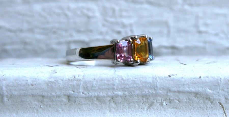 Hochzeit - Vintage Sapphire Three Stone Ring in 14K White Gold - 2.20ct.