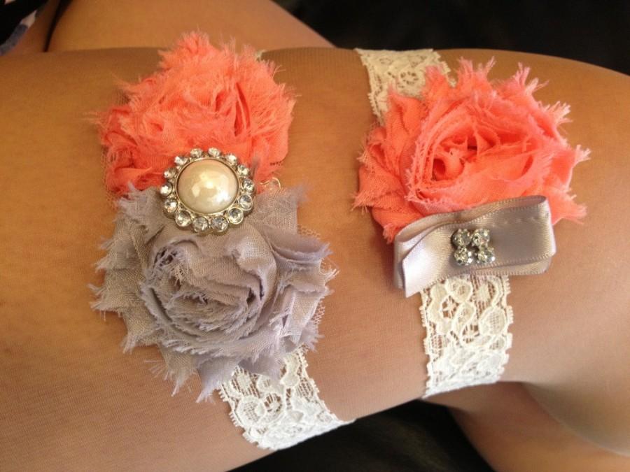 Wedding - Pink Coral / Grey Wedding Garter Set - Ivory Stretch Lace - Rhinestone Detail...