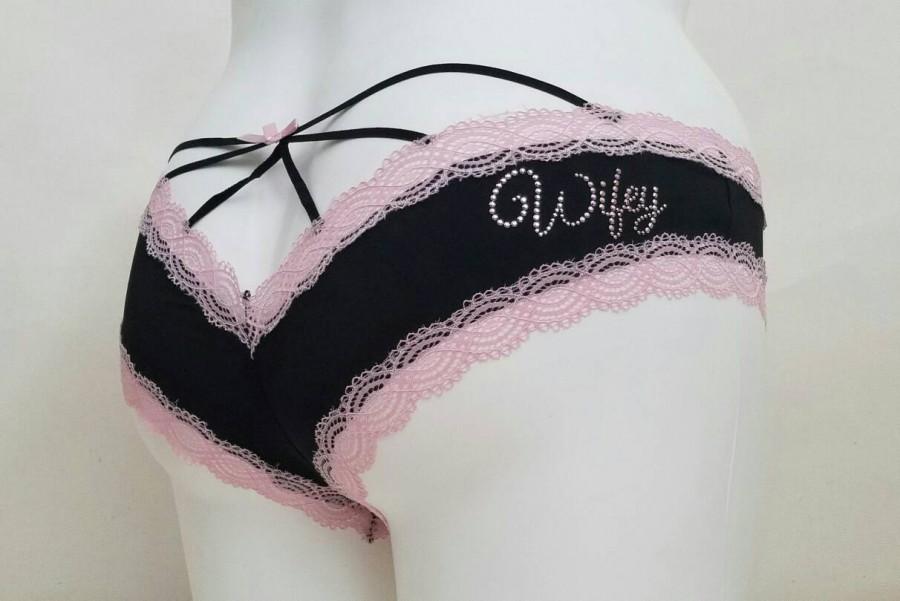 Mariage - BLACK w/ Pink Wifey Strappy Cage Panties - Plus Size - Pink Lace Trim - Sexy Boudoir Knickers - Personalized Bridal Panties - Sizes 1X-3X