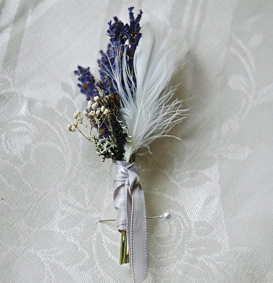 Wedding - Woodland White Winter Wedding Dried Lavender, White Feathers,  Lichens and Babies Breath wrapped in Dove Gray Satin Ribbon