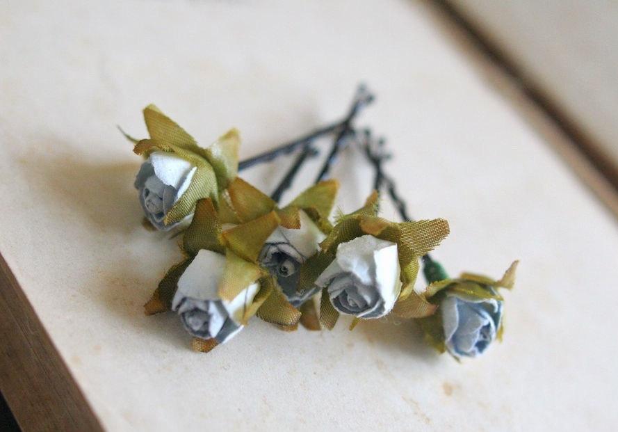 Wedding - Bohemian Roses Hair Pins, Small Vintage Inspired Hair Flowers Romantic Flower Hair Accessories Grey Flower Bobby Pins