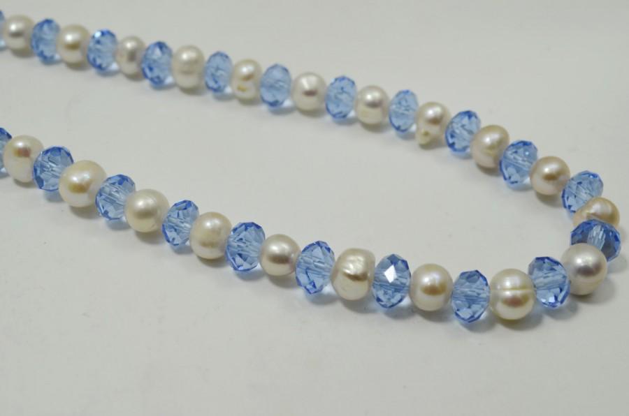 Wedding - White and Blue Wedding Jewelry Beaded Necklace, Bridal Pearl and Grystal Holiday Necklace, Bridesmaid Necklace, Christmas Gift for Her