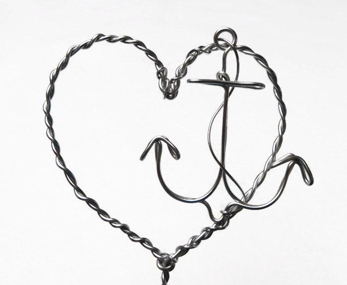 Wedding - Nautical Anchor Beach Wedding Heart Cake Topper Silver or Gold Colored Wire