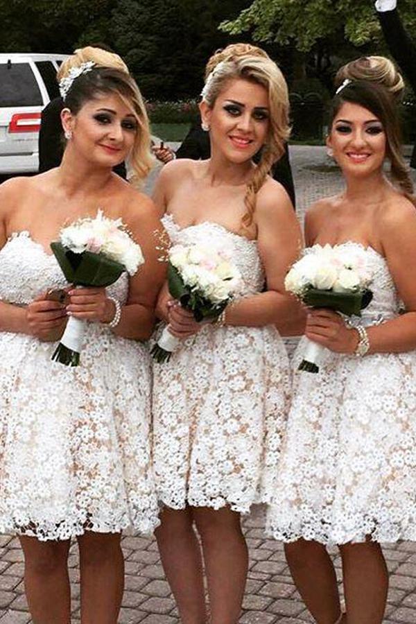 Mariage - Cute Strapless White Knee-length Lace Bridesmaid Dress